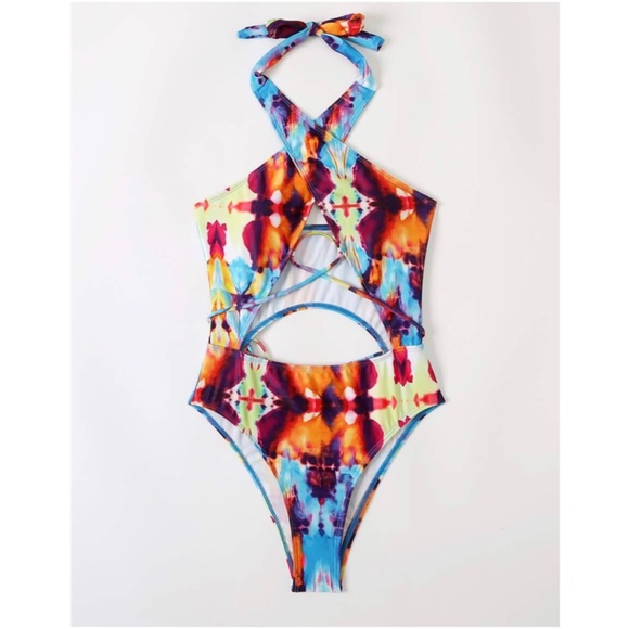 Boho Tie Dye lace up One piece Monokini Swim Beach - Picture 9 of 9
